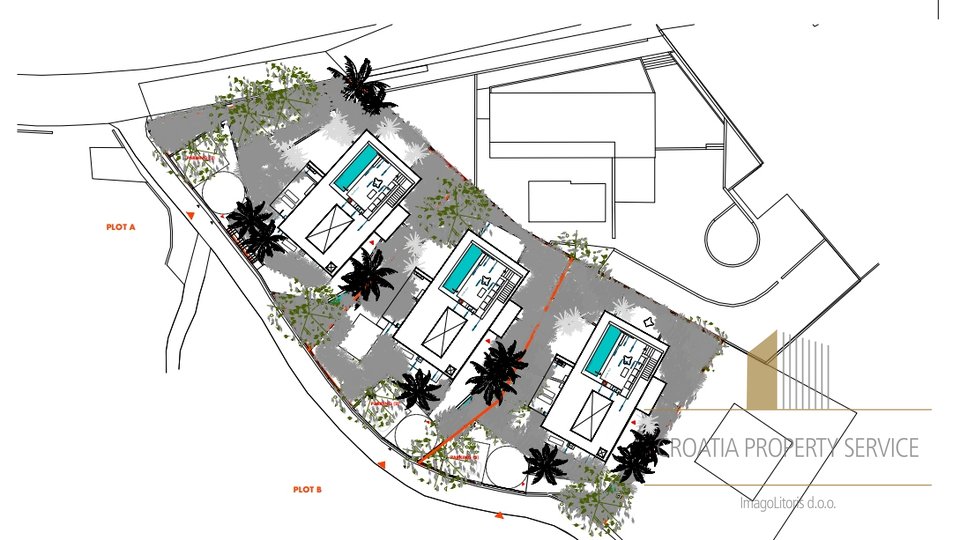 Građevinsko zemljište od 2050m2 s projektom za 3 vile – Milna, otok Brač!